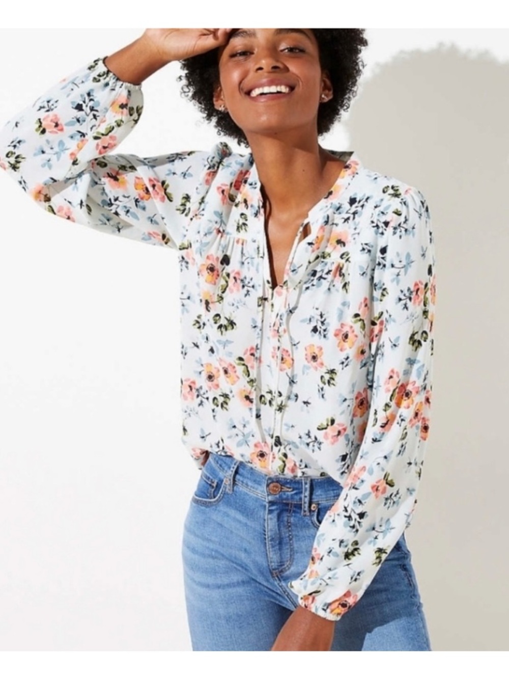 LOFT Sky Blue Floral Tie-Front Blouse